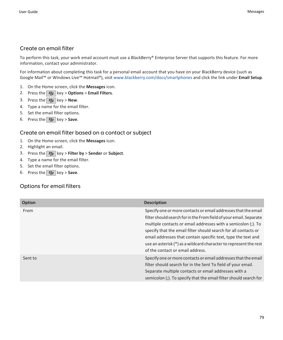 Create an email filter, Options for email filters | Blackberry PEARL 9105 User Manual | Page 81 / 325