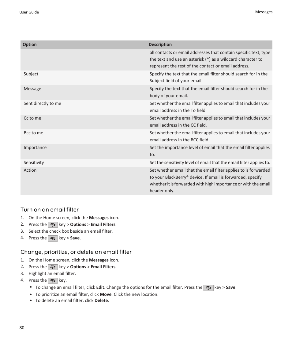 Turn on an email filter, Change, prioritize, or delete an email filter | Blackberry PEARL 9105 User Manual | Page 82 / 325