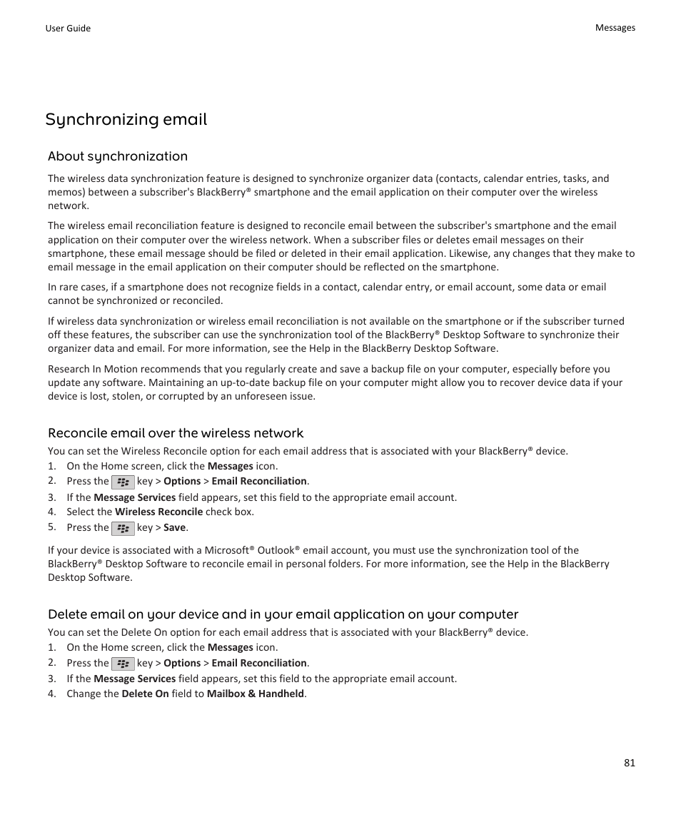Synchronizing email | Blackberry PEARL 9105 User Manual | Page 83 / 325