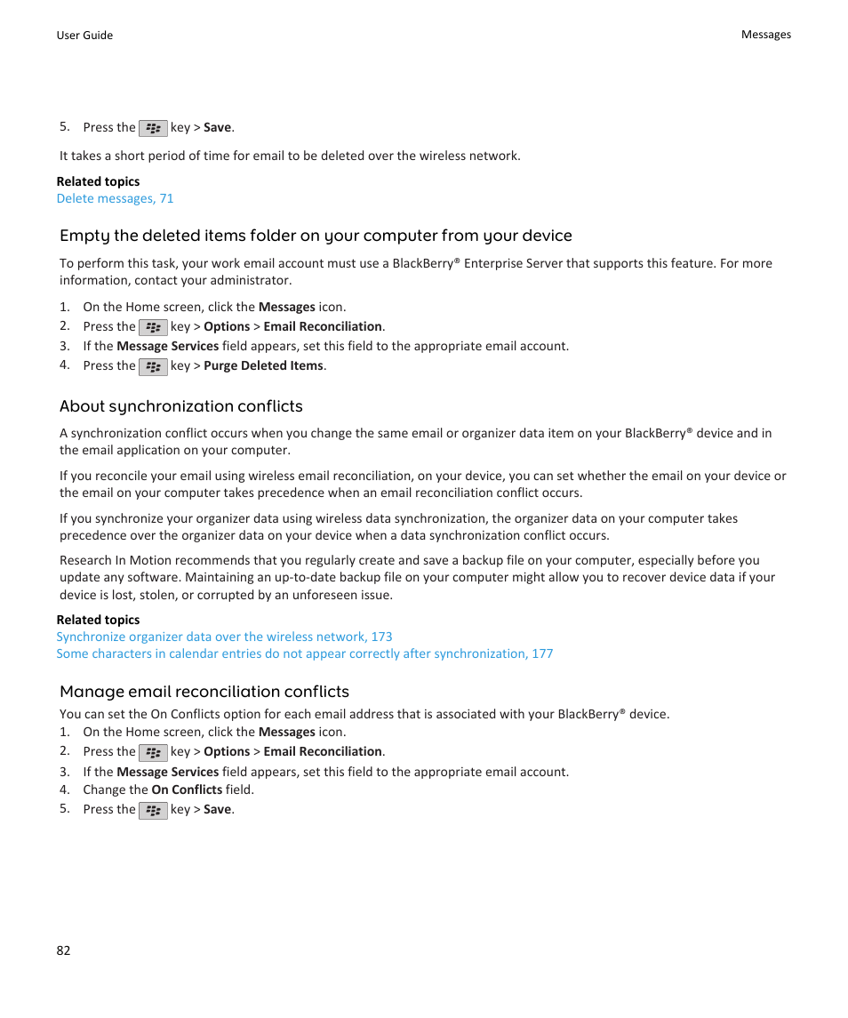 About synchronization conflicts, Manage email reconciliation conflicts | Blackberry PEARL 9105 User Manual | Page 84 / 325