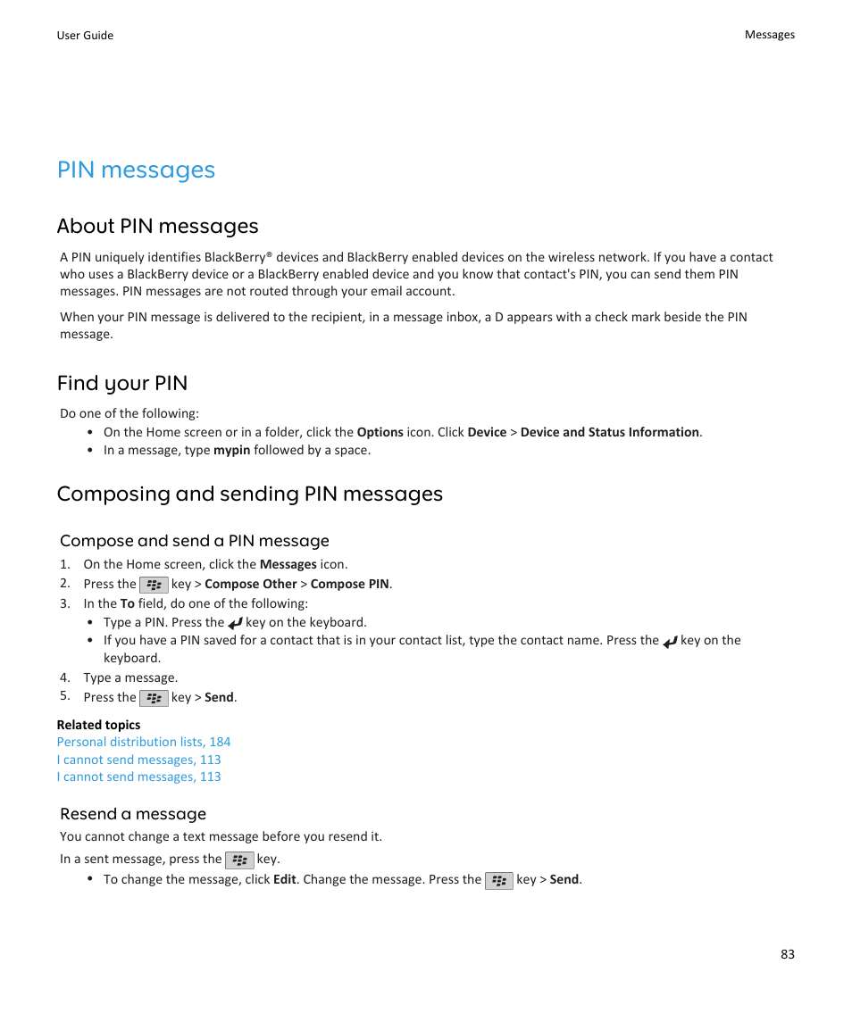 Pin messages, About pin messages, Find your pin | Composing and sending pin messages | Blackberry PEARL 9105 User Manual | Page 85 / 325