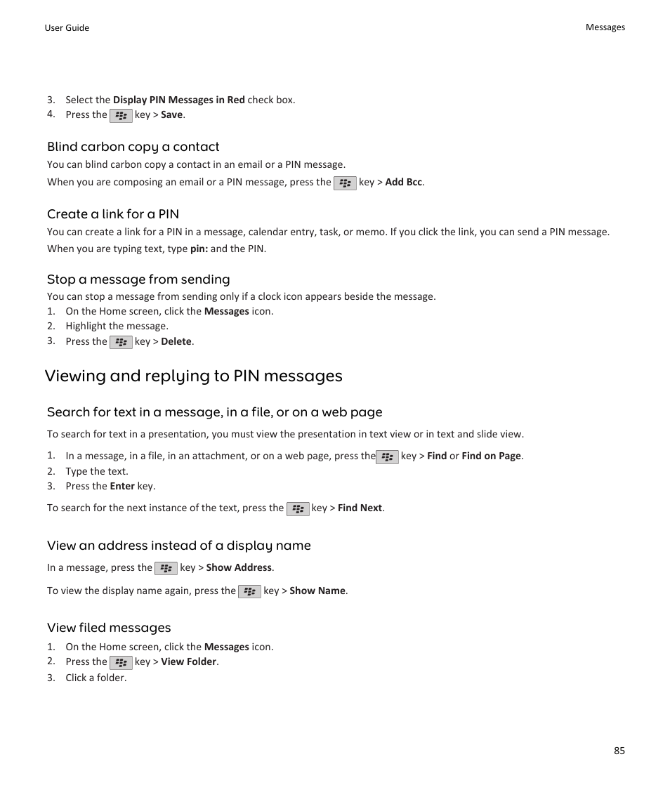 Viewing and replying to pin messages | Blackberry PEARL 9105 User Manual | Page 87 / 325