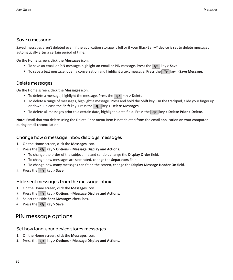 Pin message options | Blackberry PEARL 9105 User Manual | Page 88 / 325
