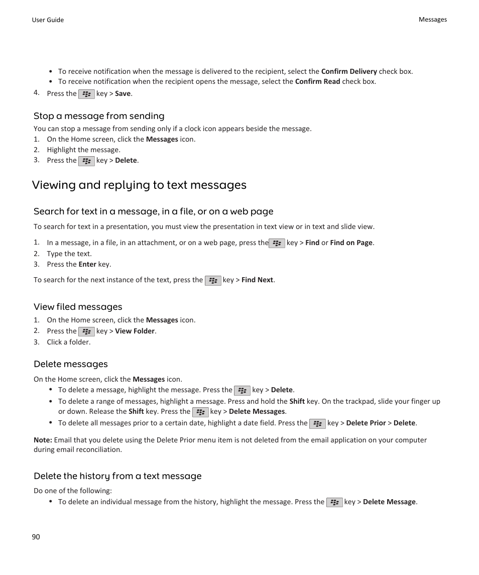 Viewing and replying to text messages | Blackberry PEARL 9105 User Manual | Page 92 / 325