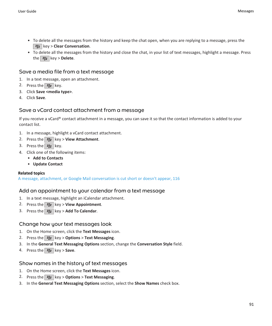 Save a media file from a text message, Save a vcard contact attachment from a message, Change how your text messages look | Show names in the history of text messages | Blackberry PEARL 9105 User Manual | Page 93 / 325