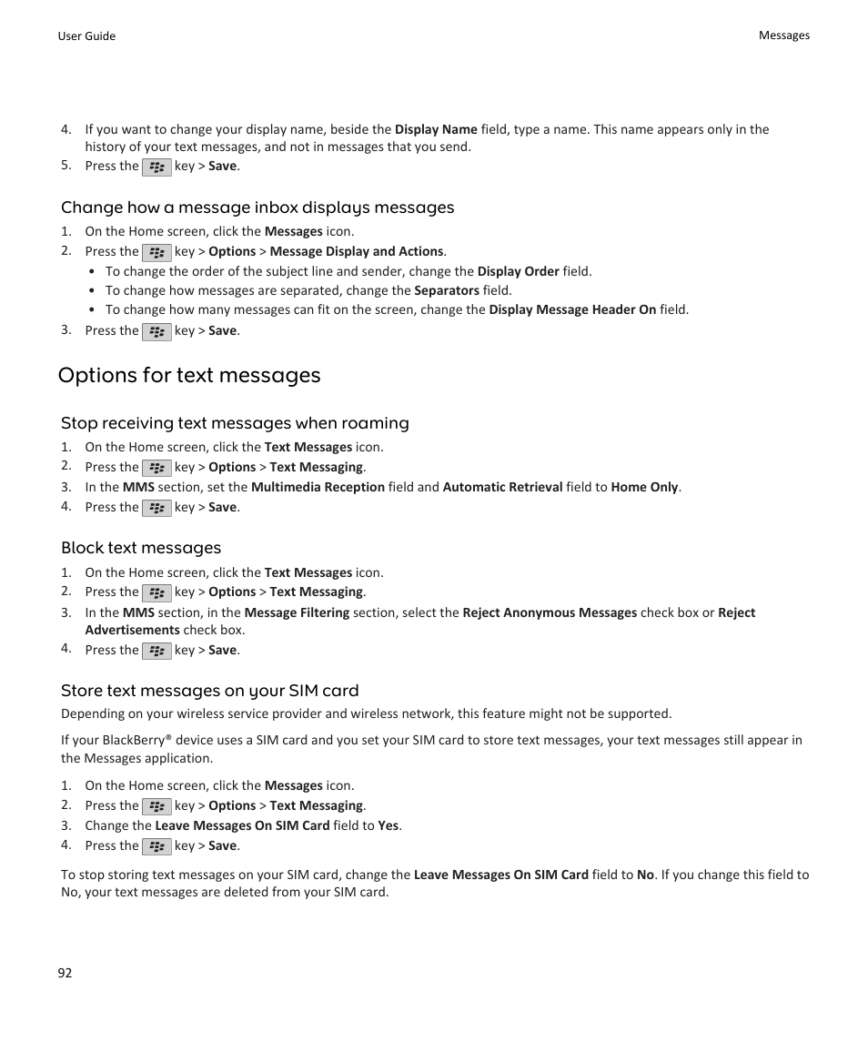 Options for text messages | Blackberry PEARL 9105 User Manual | Page 94 / 325