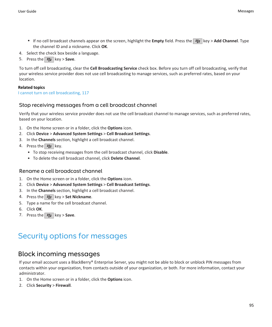 Security options for messages, Block incoming messages | Blackberry PEARL 9105 User Manual | Page 97 / 325