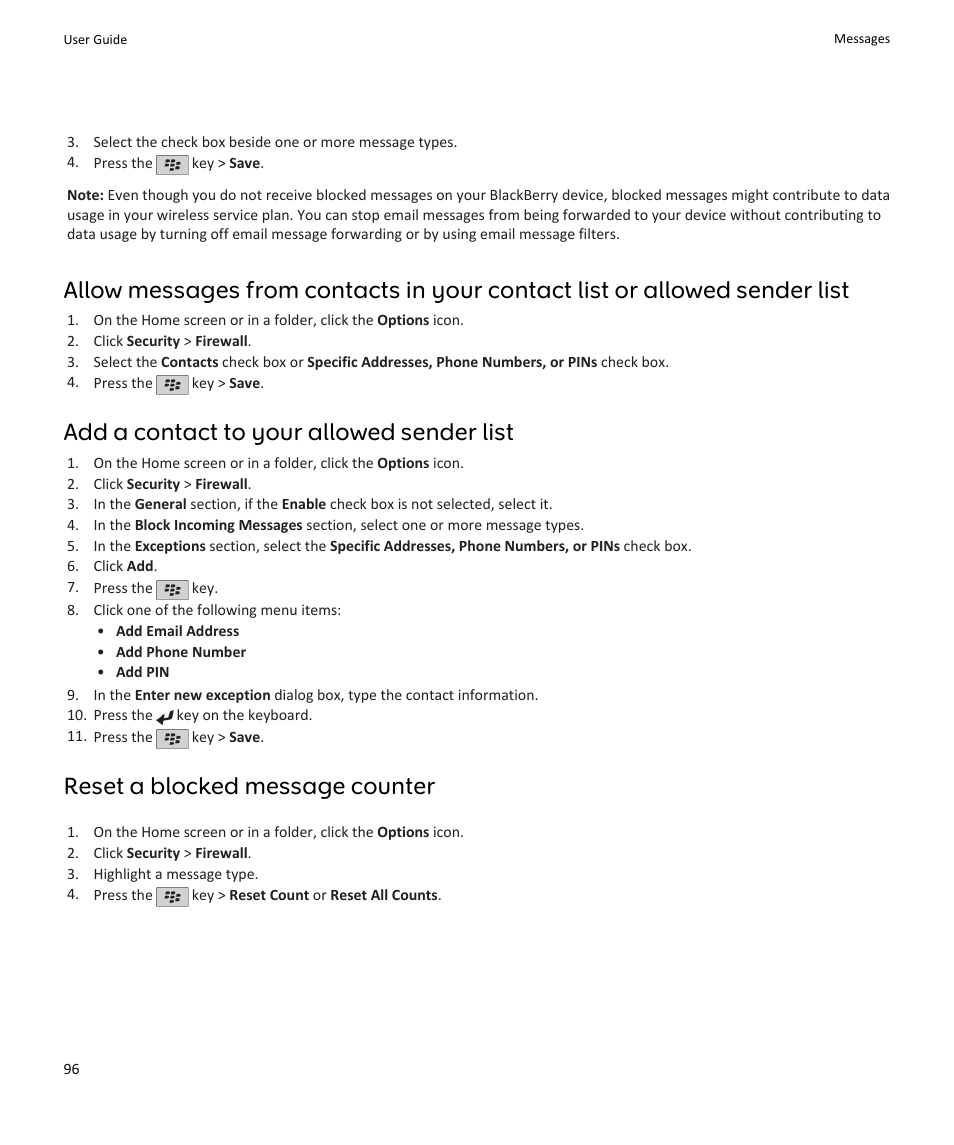Add a contact to your allowed sender list, Reset a blocked message counter | Blackberry PEARL 9105 User Manual | Page 98 / 325