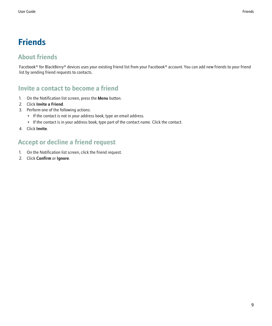 Friends, About friends, Invite a contact to become a friend | Accept or decline a friend request | Blackberry SWDT266756-488031-0812023611-001 User Manual | Page 11 / 18
