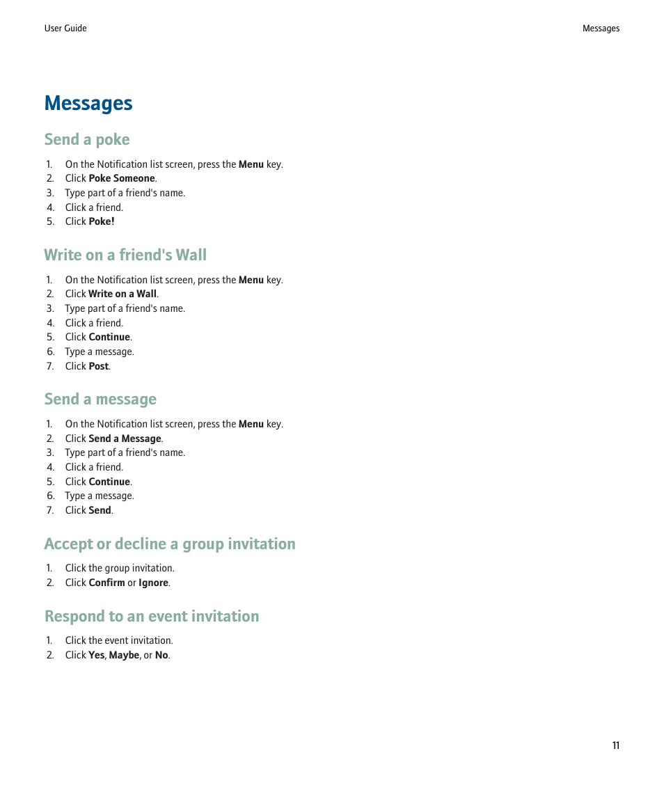 Messages, Send a poke, Write on a friend's wall | Send a message, Accept or decline a group invitation, Respond to an event invitation | Blackberry SWDT266756-488031-0812023611-001 User Manual | Page 13 / 18