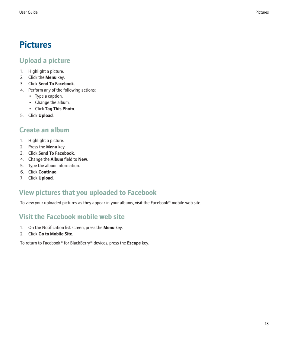 Pictures, Upload a picture, Create an album | View pictures that you uploaded to facebook, Visit the facebook mobile web site | Blackberry SWDT266756-488031-0812023611-001 User Manual | Page 15 / 18