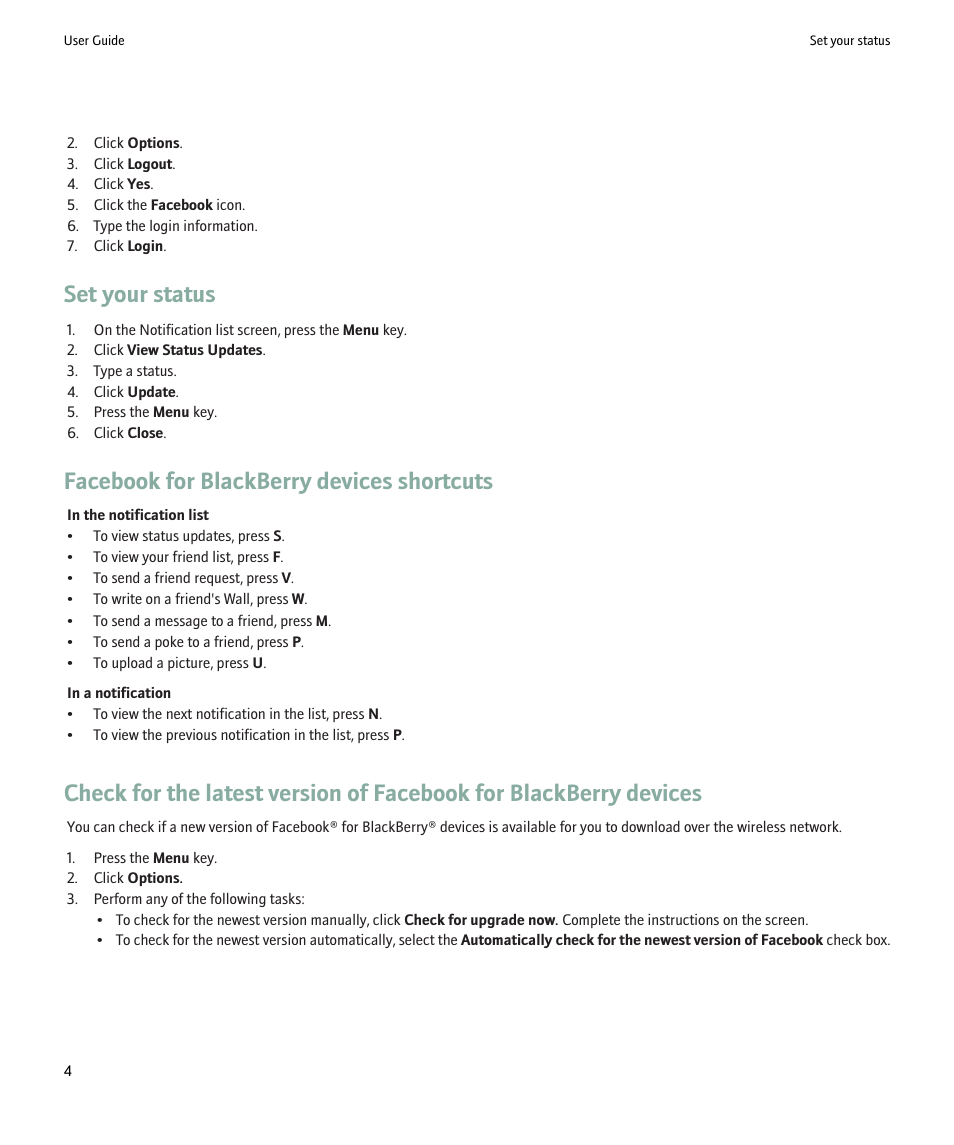 Set your status, Facebook for blackberry devices shortcuts | Blackberry SWDT266756-488031-0812023611-001 User Manual | Page 6 / 18