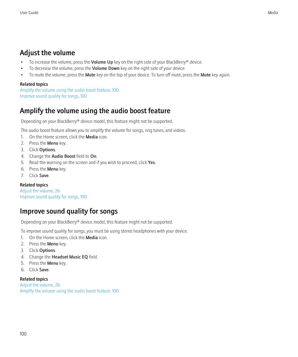 Adjust the volume, Amplify the volume using the audio boost feature, Improve sound quality for songs | Blackberry CURVE 8350I User Manual | Page 102 / 318