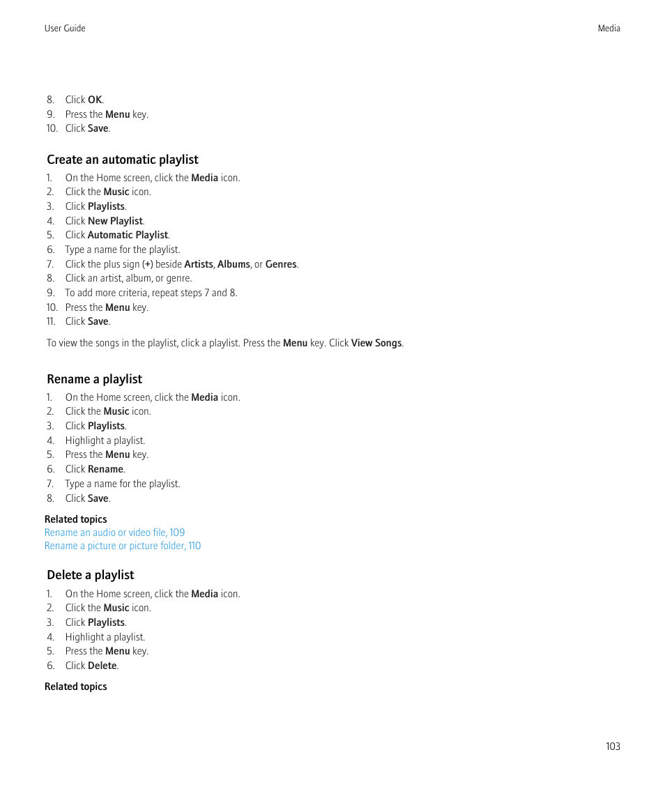 Create an automatic playlist, Rename a playlist, Delete a playlist | Blackberry CURVE 8350I User Manual | Page 105 / 318