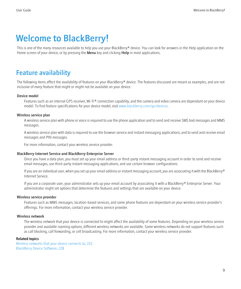 Welcome to blackberry, Feature availability | Blackberry CURVE 8350I User Manual | Page 11 / 318