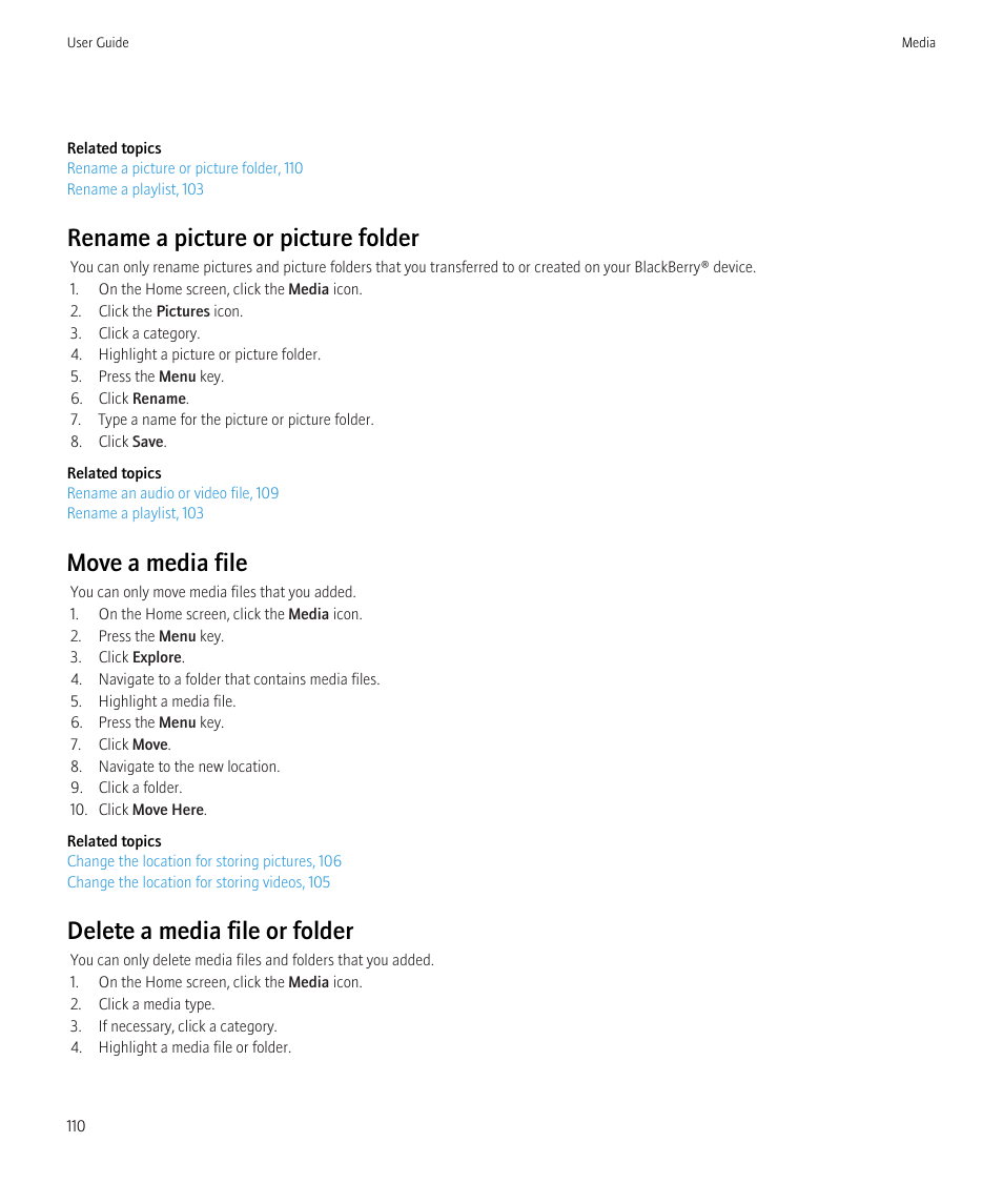 Delete a media file or folder, 110, Move a media file, 110, Rename a picture or picture folder | Move a media file, Delete a media file or folder | Blackberry CURVE 8350I User Manual | Page 112 / 318