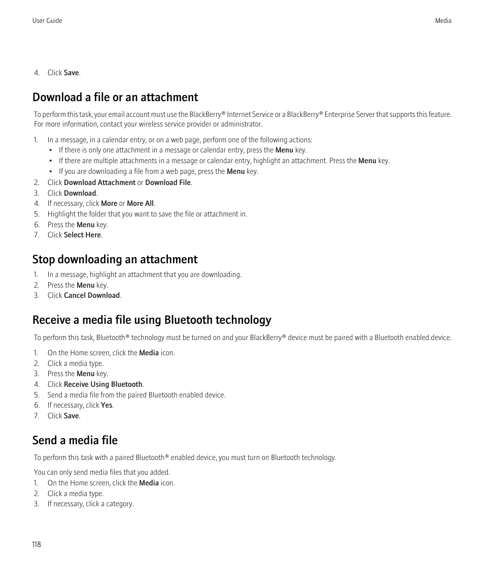 Download a file or an attachment, Stop downloading an attachment, Receive a media file using bluetooth technology | Send a media file | Blackberry CURVE 8350I User Manual | Page 120 / 318