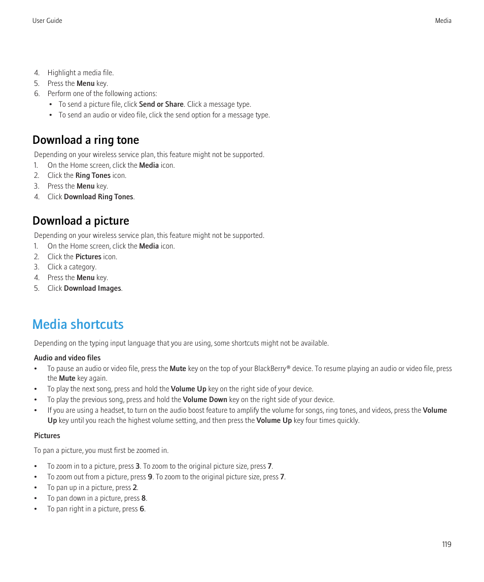 Media shortcuts, Download a ring tone, Download a picture | Blackberry CURVE 8350I User Manual | Page 121 / 318