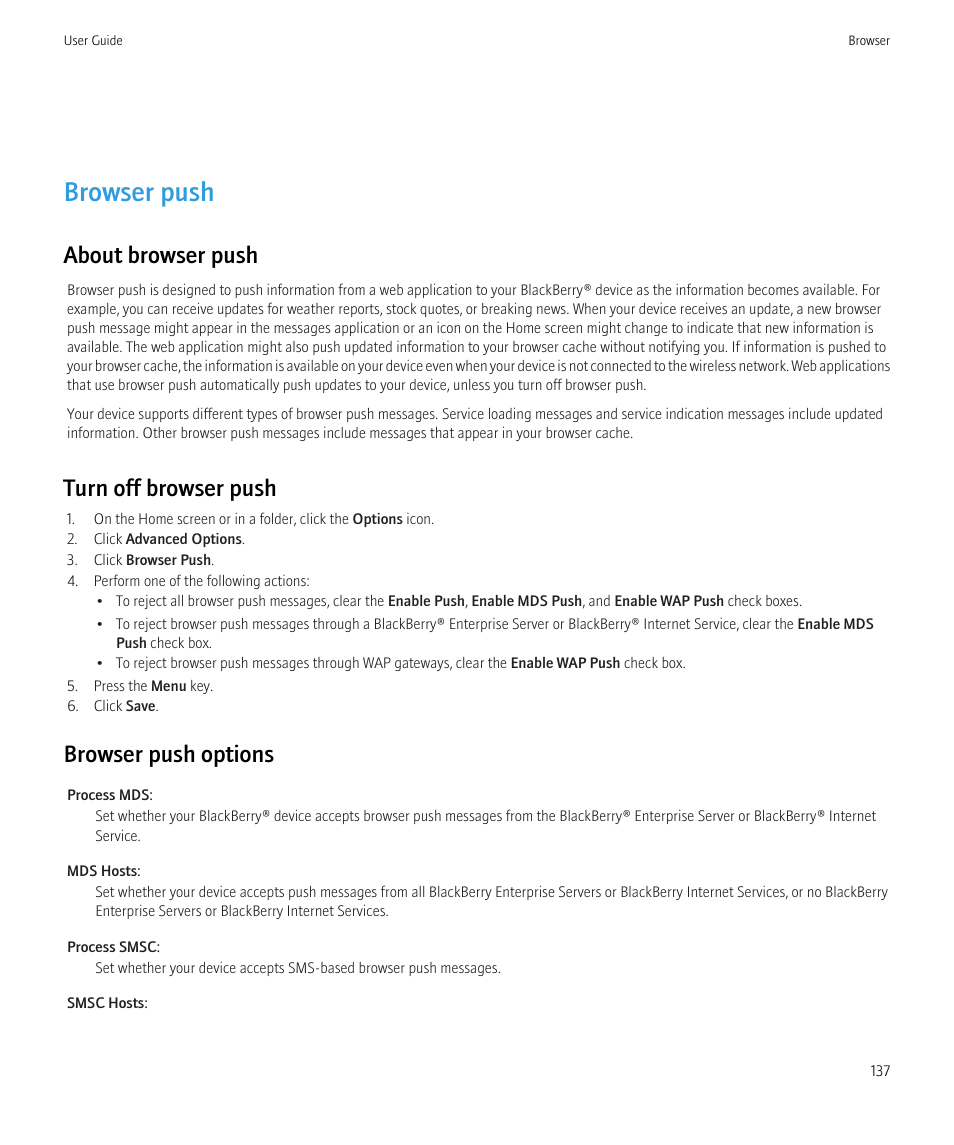 Browser push, About browser push, Turn off browser push | Browser push options | Blackberry CURVE 8350I User Manual | Page 139 / 318