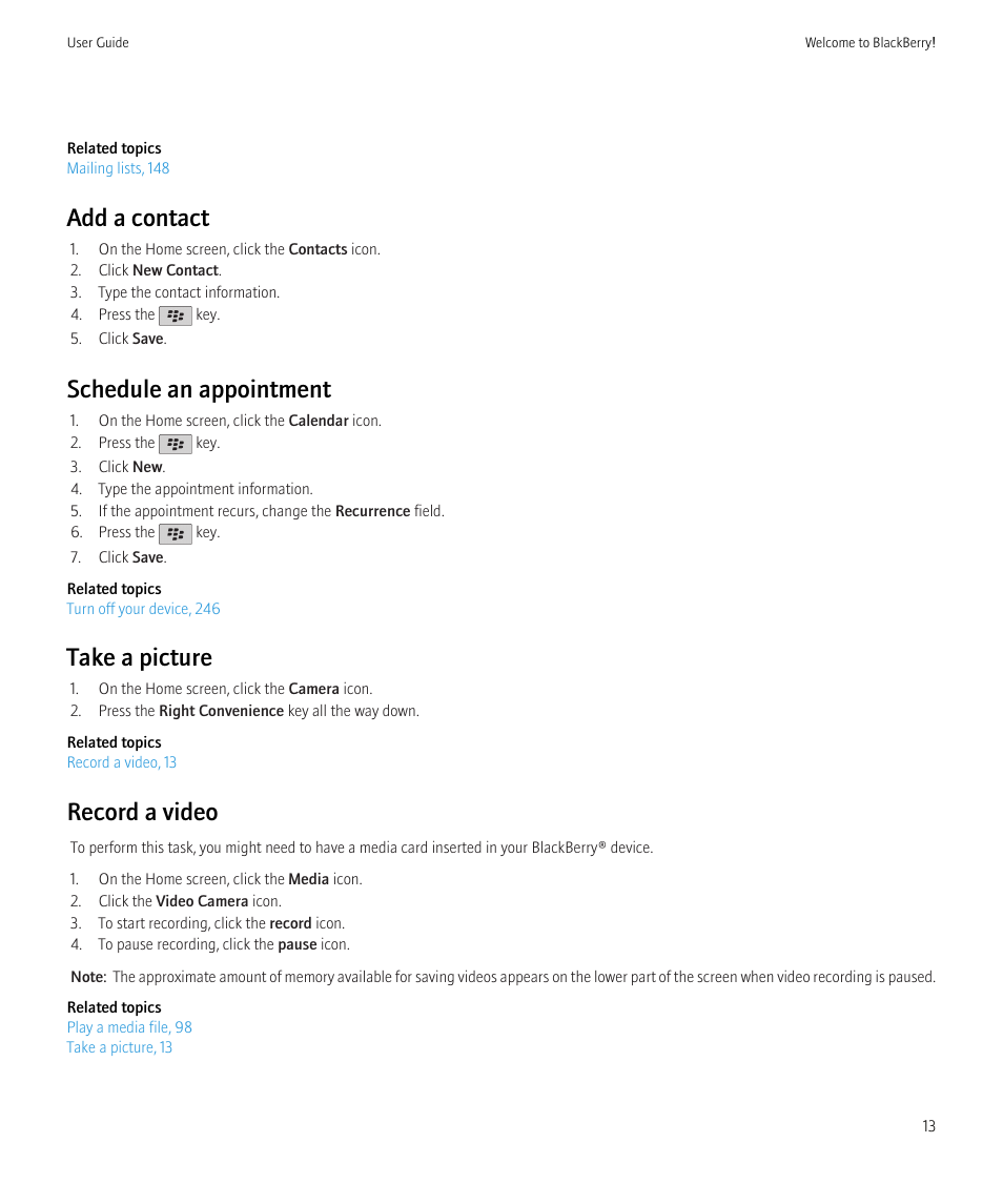 Add a contact, Schedule an appointment, Take a picture | Record a video | Blackberry CURVE 8350I User Manual | Page 15 / 318