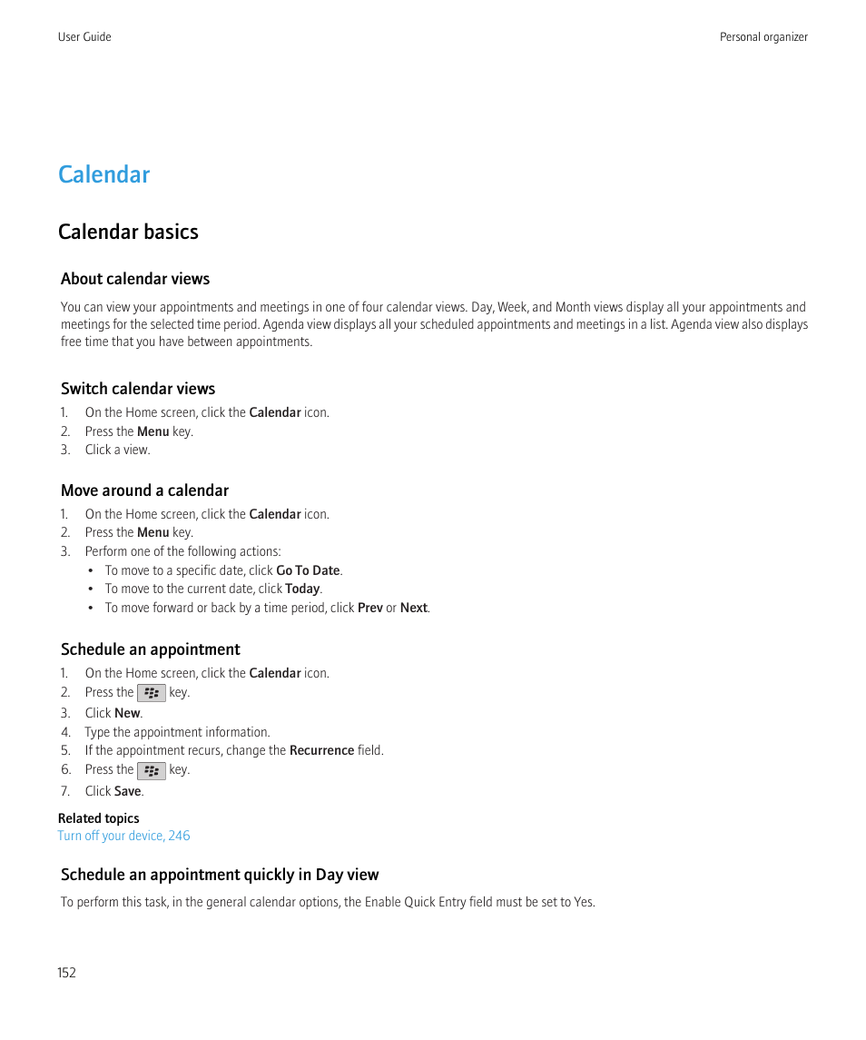 Calendar, Calendar basics | Blackberry CURVE 8350I User Manual | Page 154 / 318