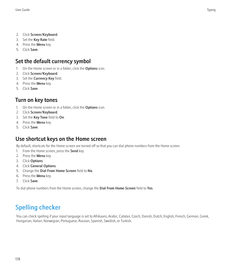 Spelling checker, Set the default currency symbol, Turn on key tones | Use shortcut keys on the home screen | Blackberry CURVE 8350I User Manual | Page 180 / 318