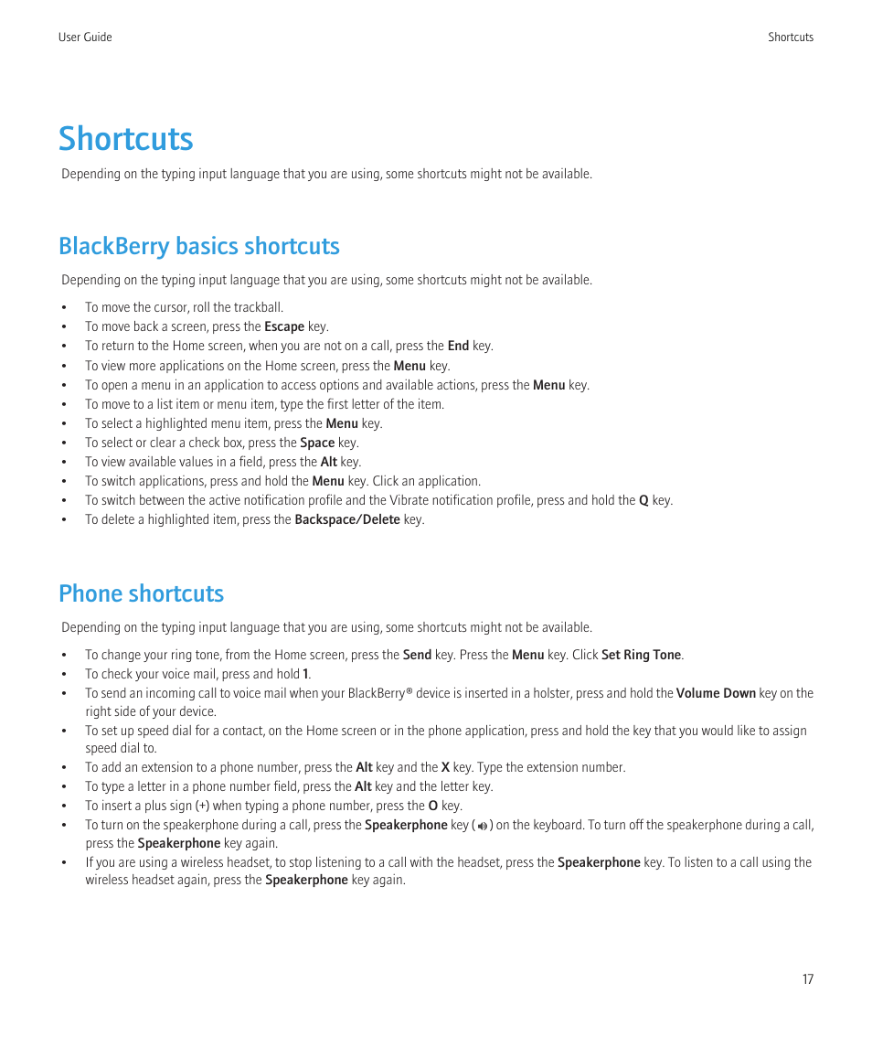 Shortcuts, Blackberry basics shortcuts, Phone shortcuts | Blackberry CURVE 8350I User Manual | Page 19 / 318