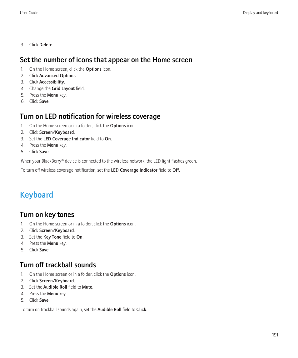 Keyboard, Turn on led notification for wireless coverage, Turn on key tones | Turn off trackball sounds | Blackberry CURVE 8350I User Manual | Page 193 / 318