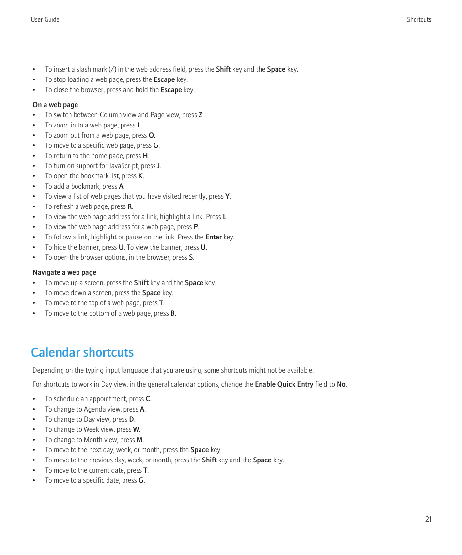 Calendar shortcuts | Blackberry CURVE 8350I User Manual | Page 23 / 318