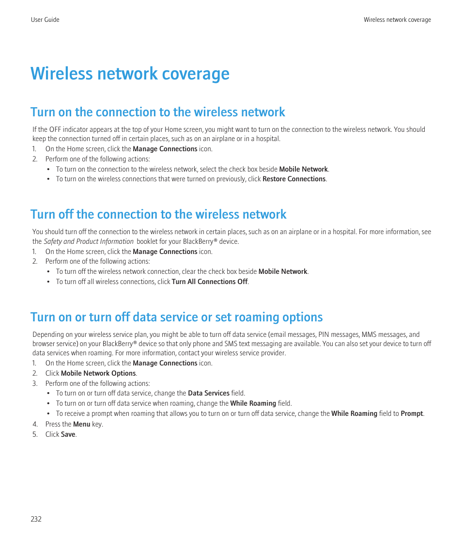 Wireless network coverage, Turn on the connection to the wireless network, Turn off the connection to the wireless network | Blackberry CURVE 8350I User Manual | Page 234 / 318