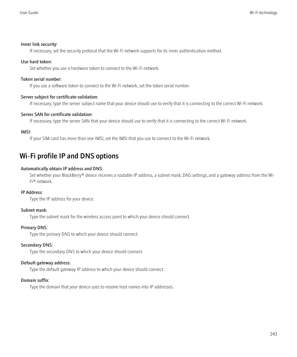 Wi-fi profile ip and dns options | Blackberry CURVE 8350I User Manual | Page 245 / 318