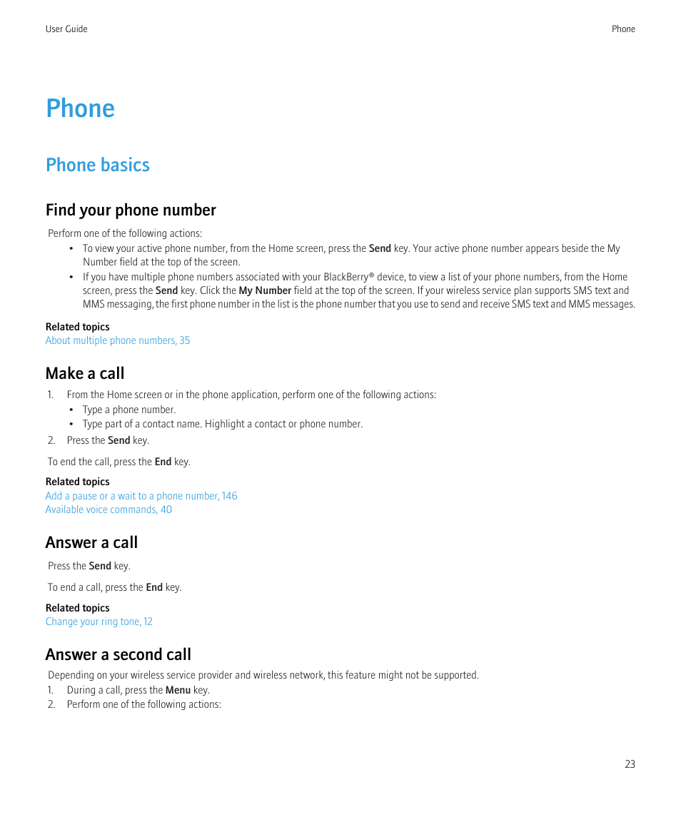 Phone, Phone basics, Find your phone number | Make a call, Answer a call, Answer a second call | Blackberry CURVE 8350I User Manual | Page 25 / 318