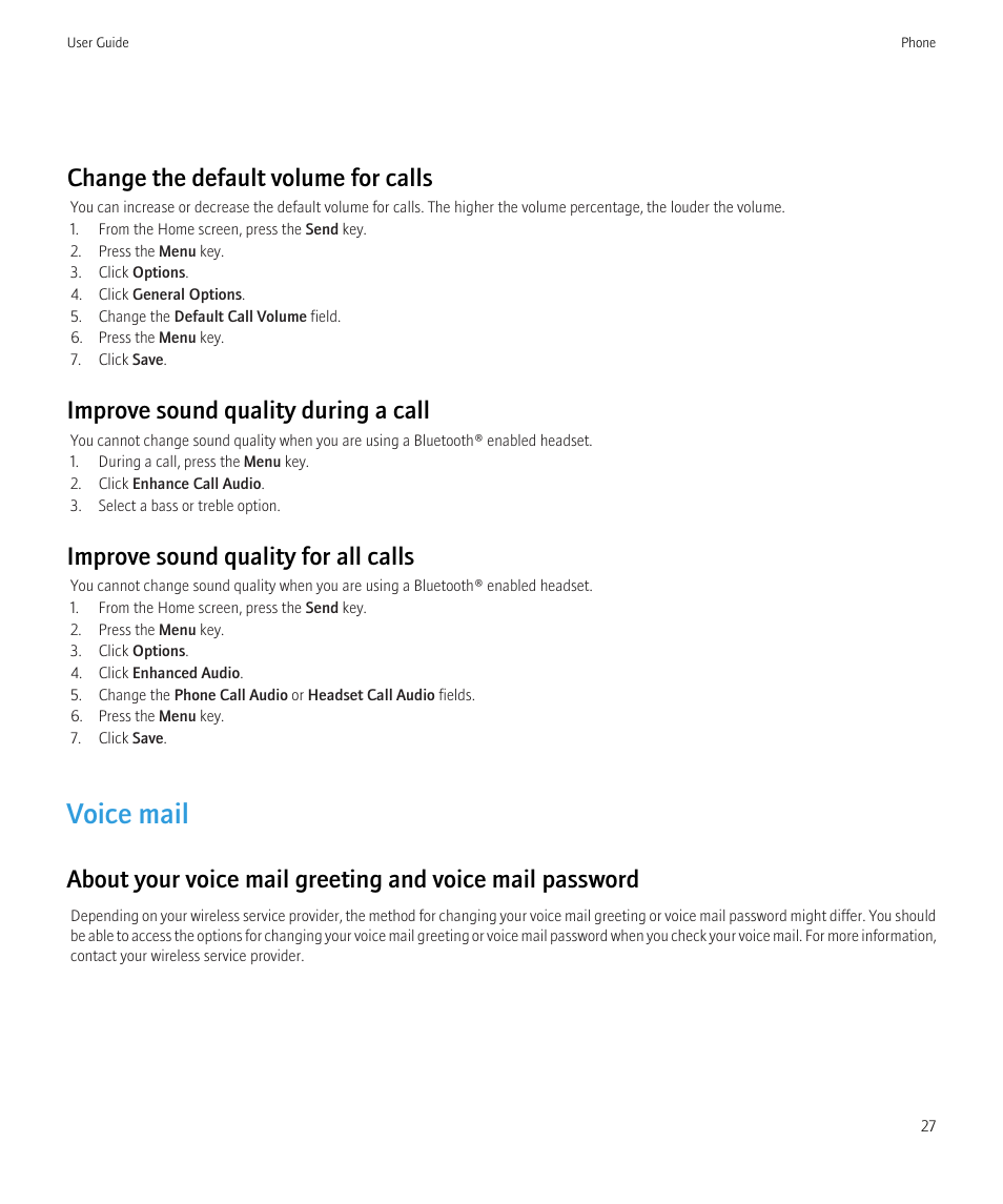 Voice mail, Change the default volume for calls, Improve sound quality during a call | Improve sound quality for all calls | Blackberry CURVE 8350I User Manual | Page 29 / 318