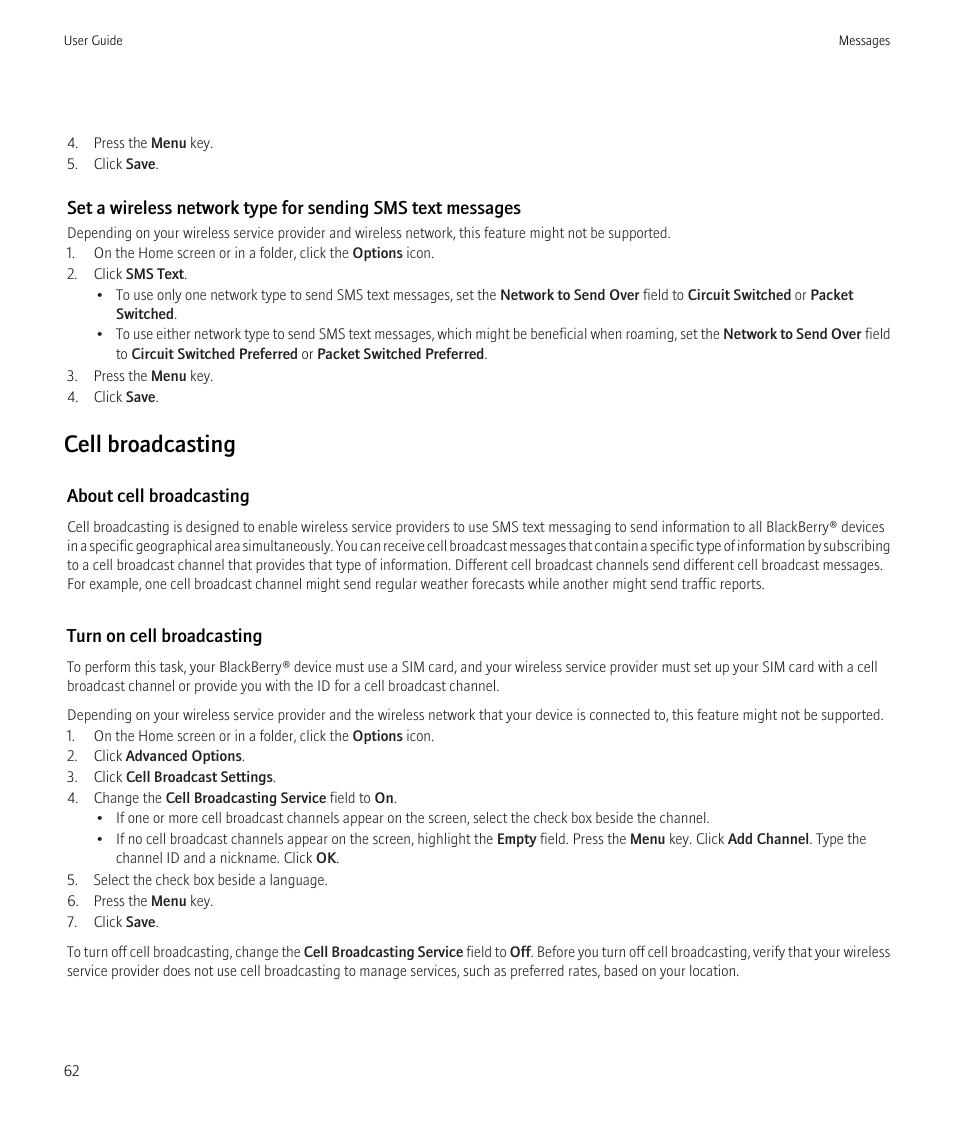 Cell broadcasting | Blackberry CURVE 8350I User Manual | Page 64 / 318