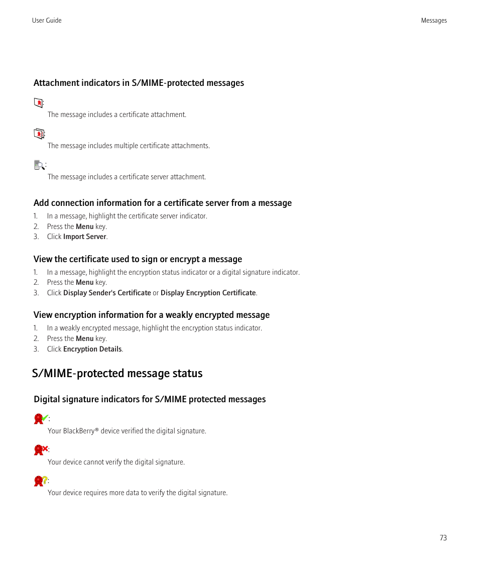 S/mime-protected message status | Blackberry CURVE 8350I User Manual | Page 75 / 318