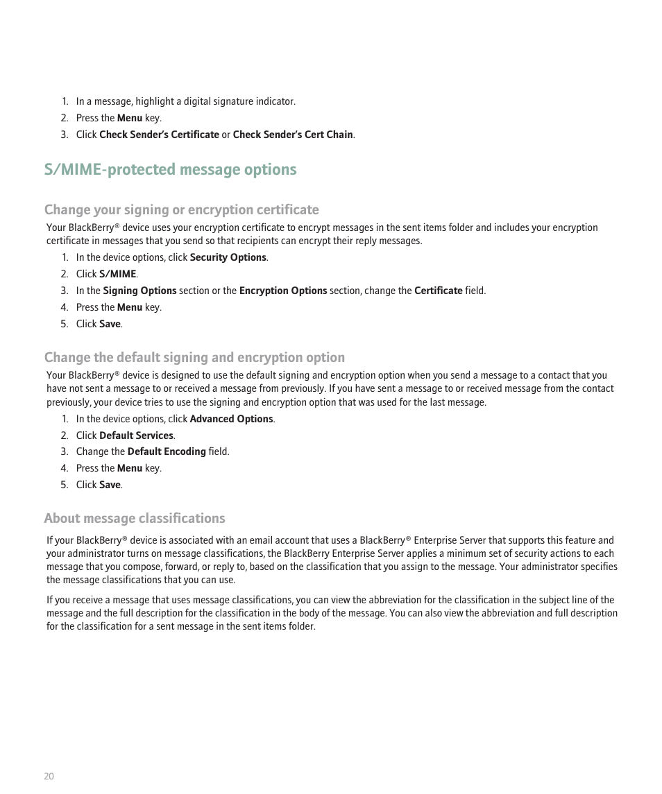 S/mime-protected message options, Change your signing or encryption certificate, Change the default signing and encryption option | About message classifications | Blackberry Pearl 8100 Series User Manual | Page 22 / 25