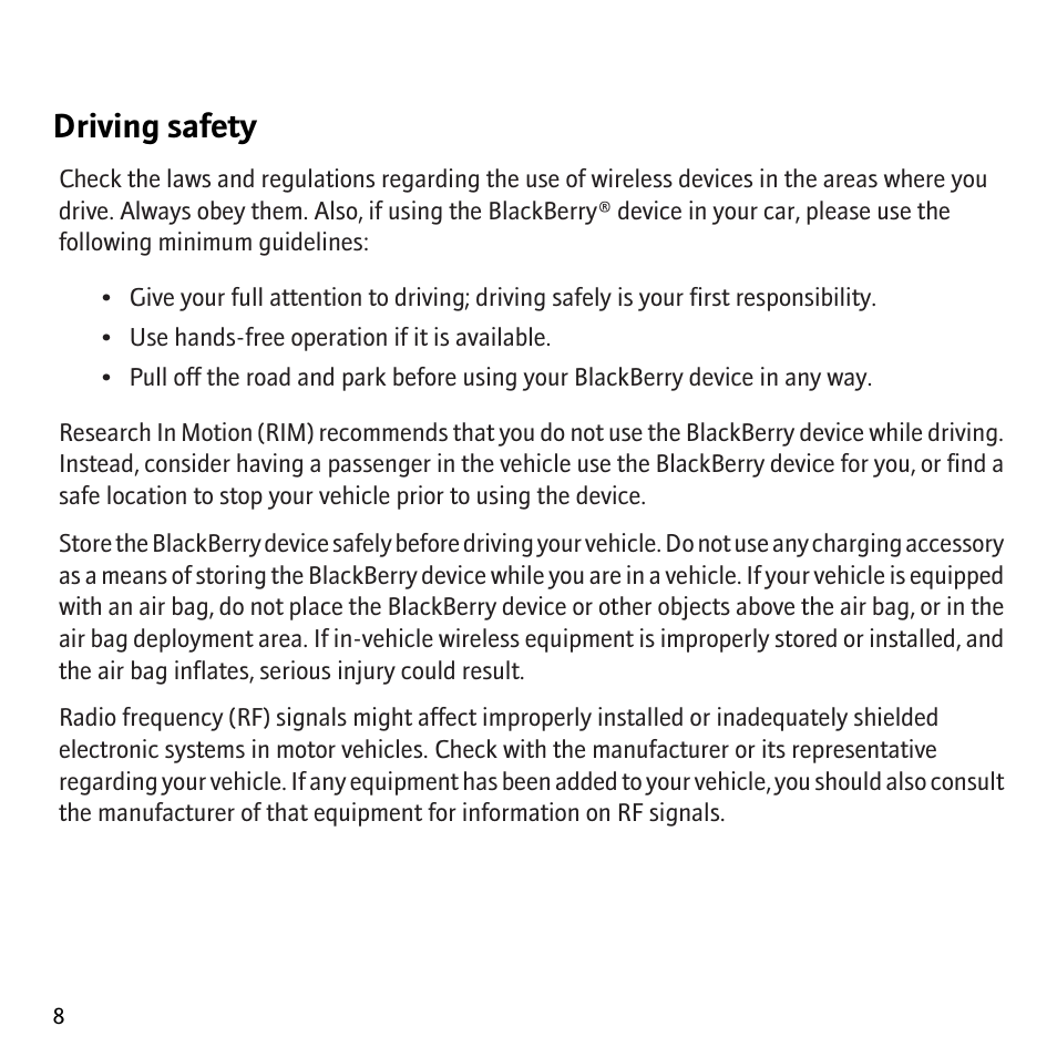 Driving safety | Blackberry Storm 9530 User Manual | Page 10 / 36