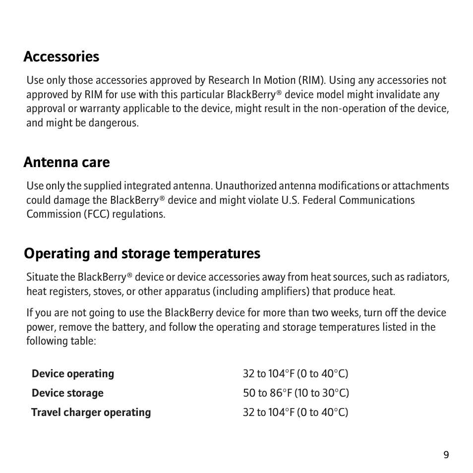 Accessories, Antenna care, Operating and storage temperatures | Blackberry Storm 9530 User Manual | Page 11 / 36