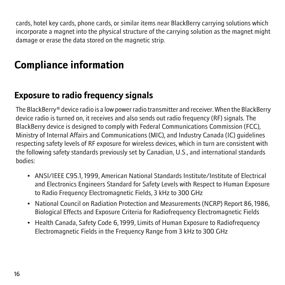Compliance information, Exposure to radio frequency signals | Blackberry Storm 9530 User Manual | Page 18 / 36