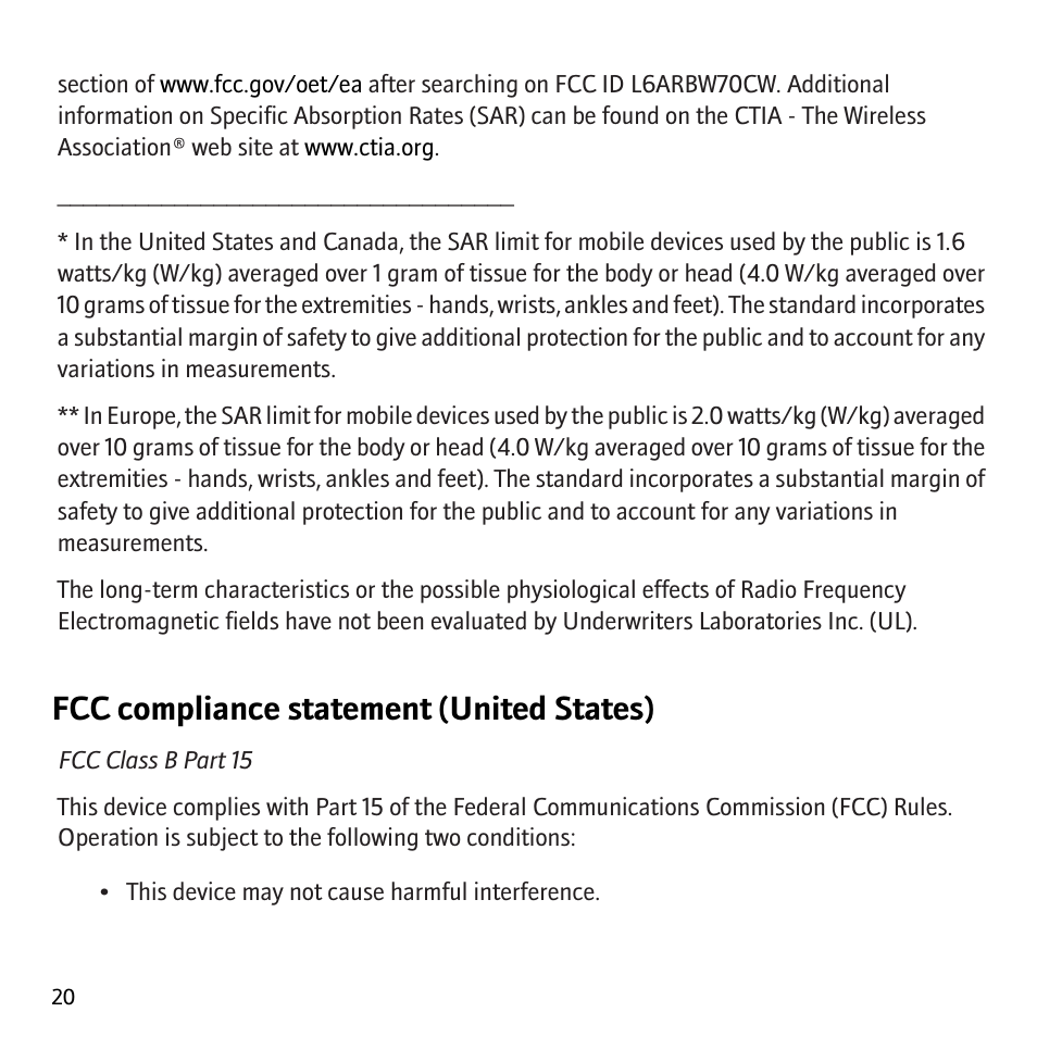 Fcc compliance statement (united states) | Blackberry Storm 9530 User Manual | Page 22 / 36