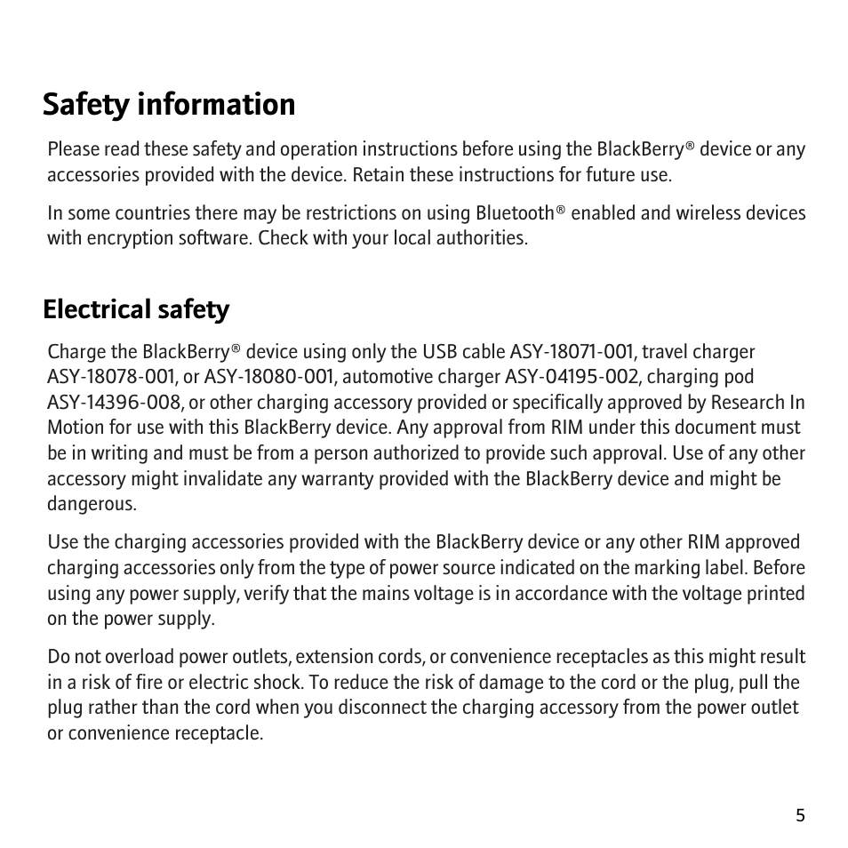 Safety information, Electrical safety | Blackberry Storm 9530 User Manual | Page 7 / 36