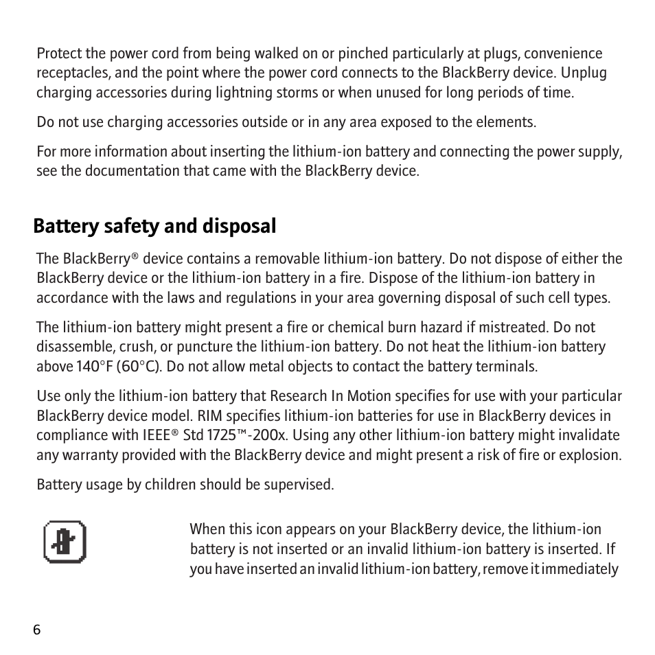 Battery safety and disposal | Blackberry Storm 9530 User Manual | Page 8 / 36