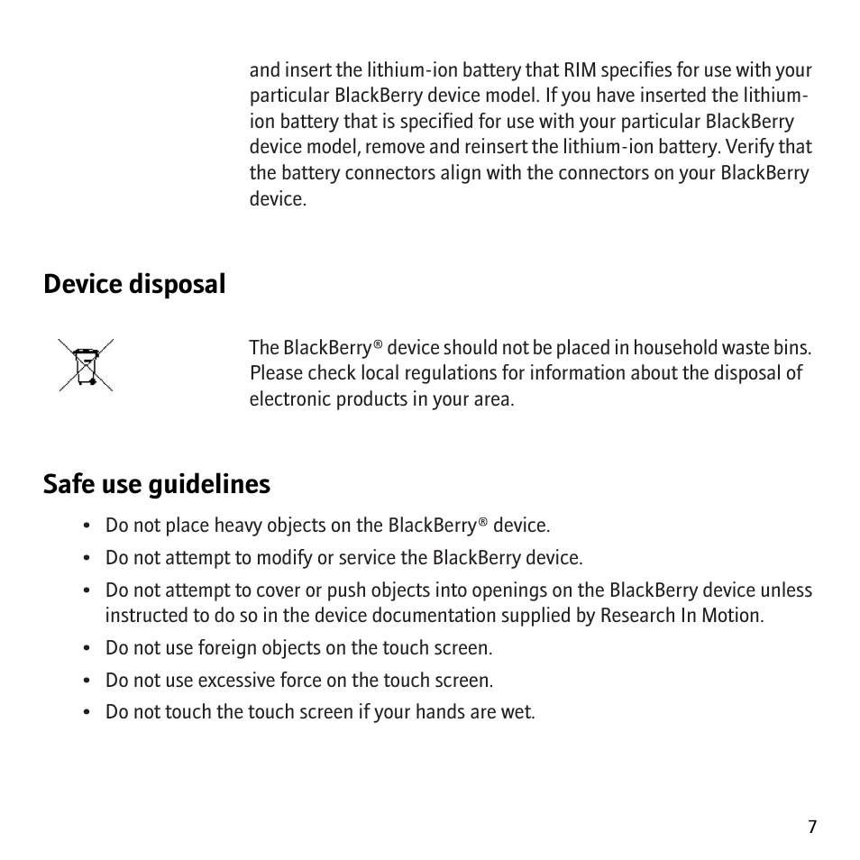Device disposal, Safe use guidelines | Blackberry Storm 9530 User Manual | Page 9 / 36