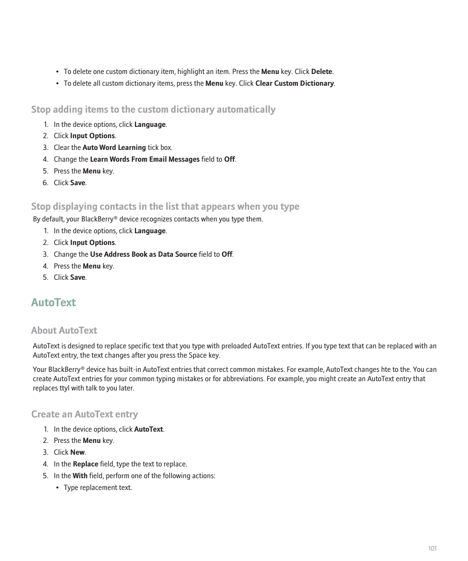 Autotext, About autotext, Create an autotext entry | Blackberry Pearl 8100 User Manual | Page 103 / 283