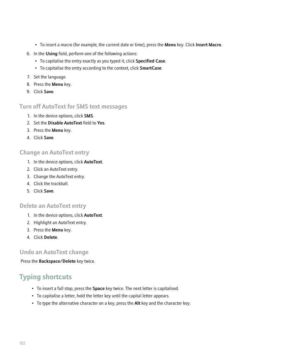 Typing shortcuts, Turn off autotext for sms text messages, Change an autotext entry | Delete an autotext entry, Undo an autotext change | Blackberry Pearl 8100 User Manual | Page 104 / 283