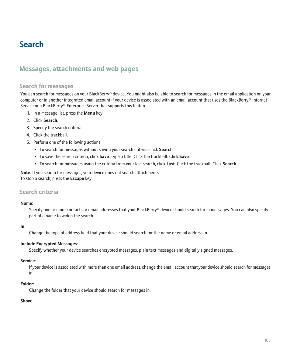 Search, Messages, attachments and web pages, Search for messages | Search criteria | Blackberry Pearl 8100 User Manual | Page 107 / 283