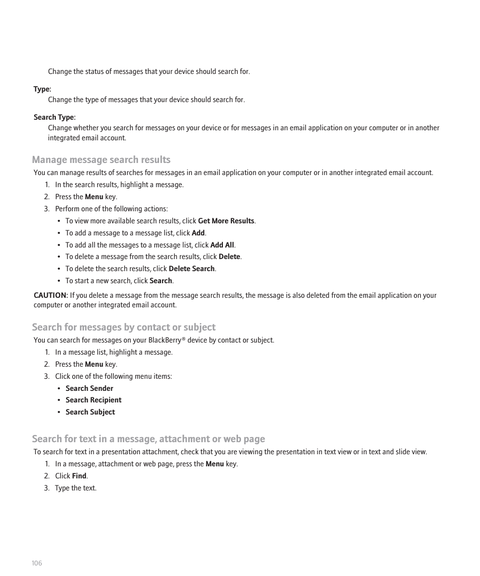 Manage message search results, Search for messages by contact or subject | Blackberry Pearl 8100 User Manual | Page 108 / 283