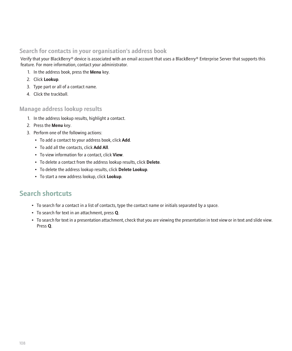 Search shortcuts, Manage address lookup results | Blackberry Pearl 8100 User Manual | Page 110 / 283