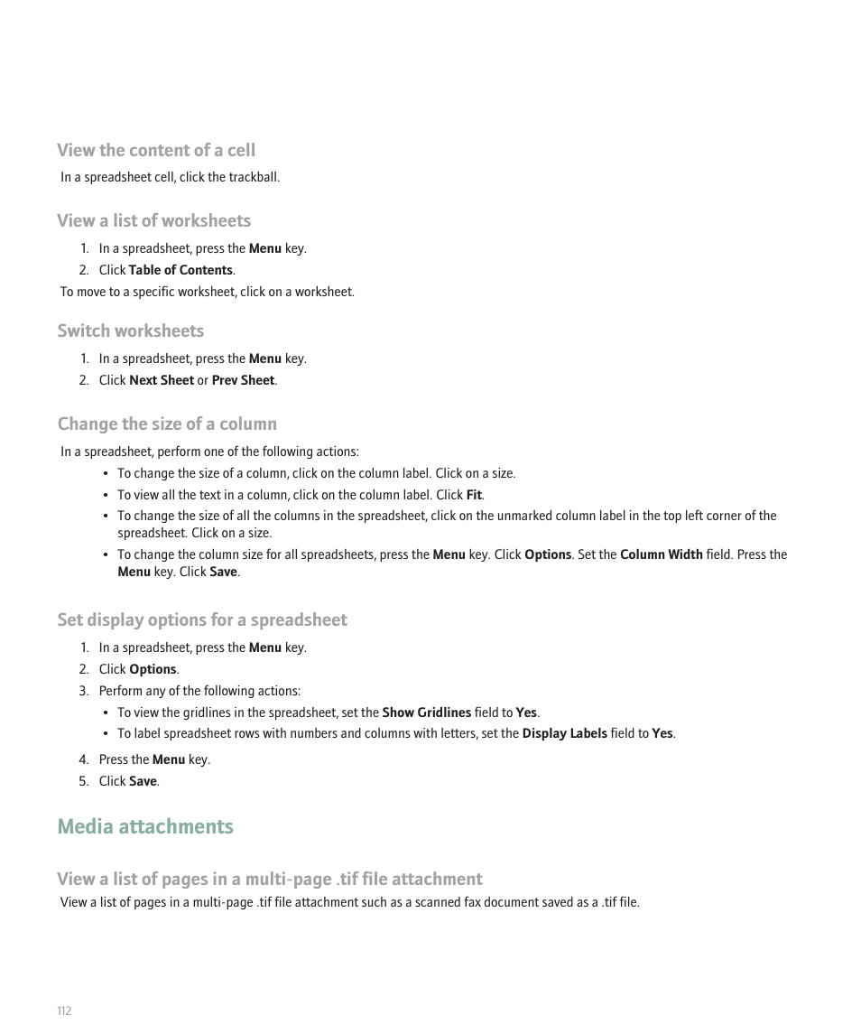 Media attachments, View the content of a cell, View a list of worksheets | Switch worksheets, Change the size of a column, Set display options for a spreadsheet | Blackberry Pearl 8100 User Manual | Page 114 / 283