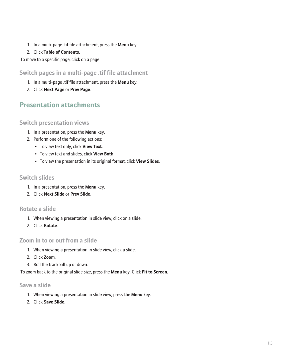 Presentation attachments, Switch pages in a multi-page .tif file attachment, Switch presentation views | Switch slides, Rotate a slide, Zoom in to or out from a slide, Save a slide | Blackberry Pearl 8100 User Manual | Page 115 / 283